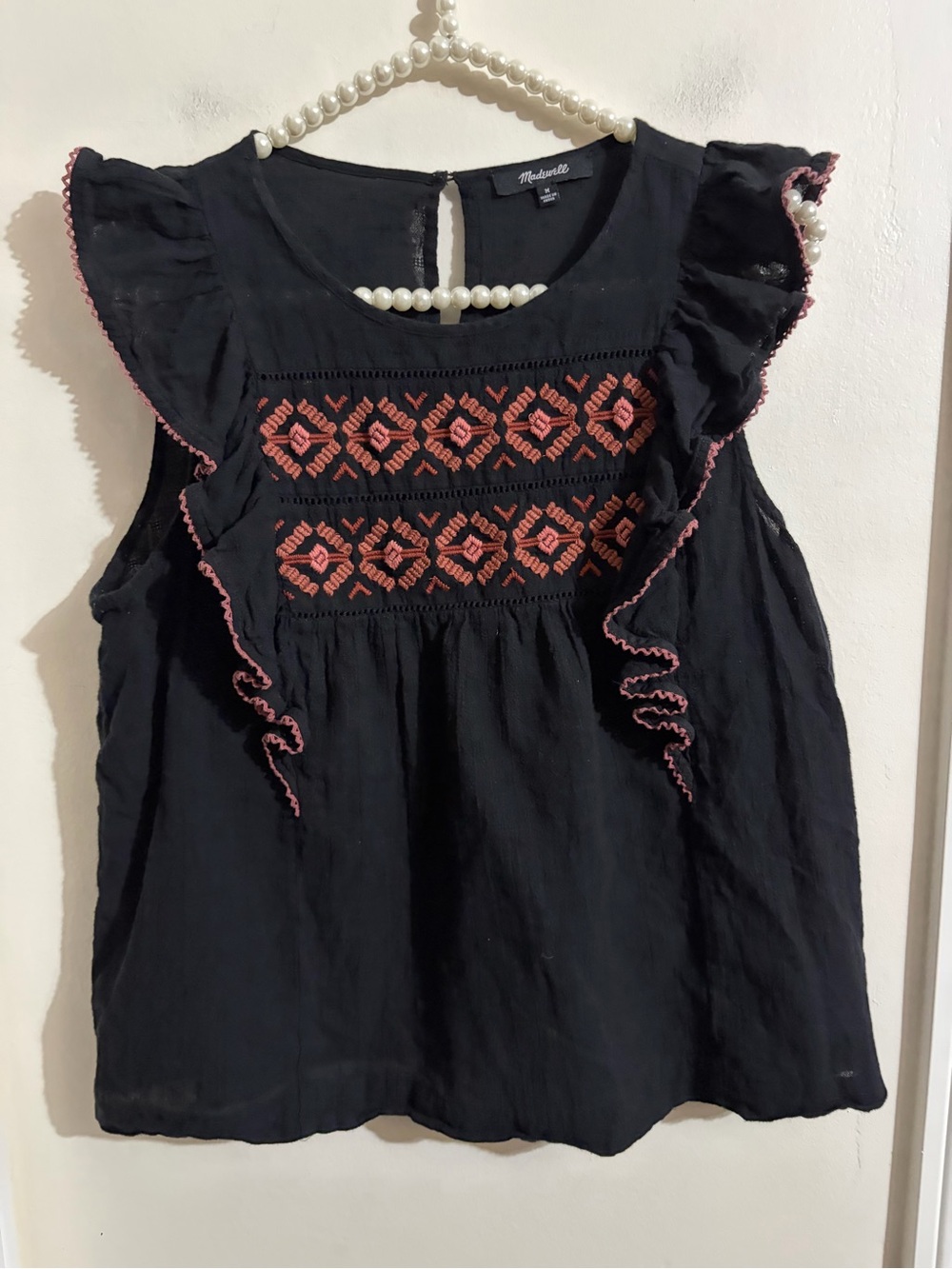 Madewell Black Sleeveless Embroidered Ruffle Camisole with Coral Accents